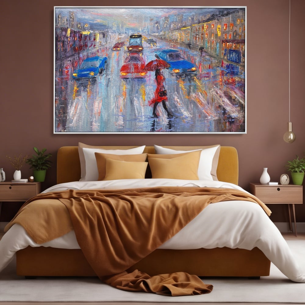 Tablou canvas cu tablou canvas cu oras in ploaie, in rama de aluminiu argintiu, pe perete intr-un dormitor